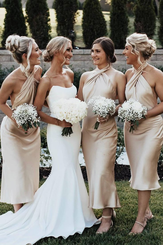 Classy Halter Champagne Backless Sheath Tea Length Bridesmaid Dress Formal Wedding Guest Dress D963