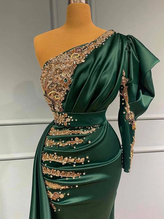 Chic Dark Green One Shoulder Mermaid Prom Dress Floor Length with Beaded