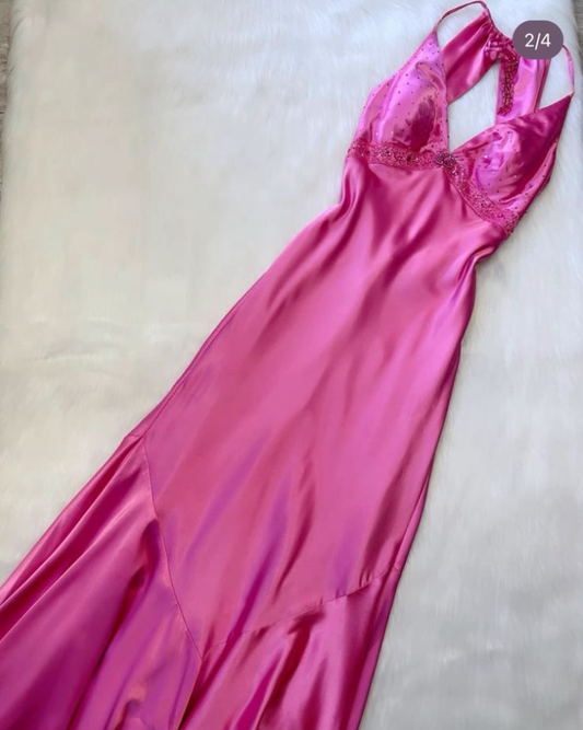 hot pink prom dress Vintage V Neck Long Party Dress fg6831