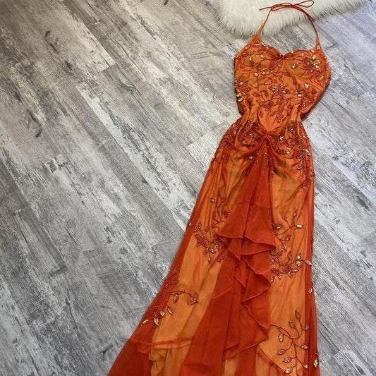 Unique Orange Spaghetti Straps Beaded Prom Dress Evening Gowns Formal Weddings