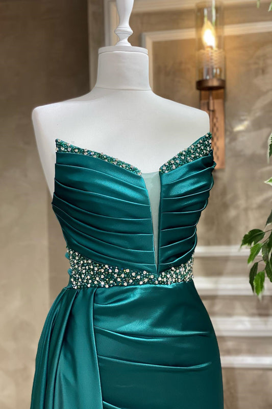 Green Strapless V-Neck Mermaid Prom Dress Pleated with Rhinestone