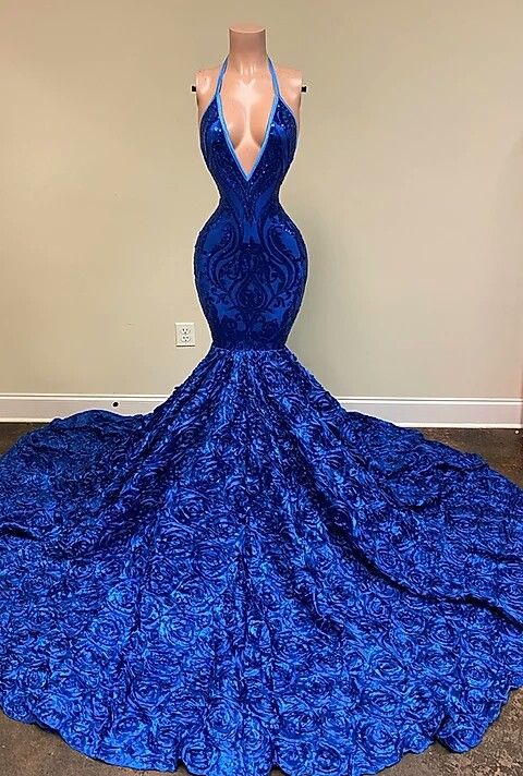 Halter Royal Blue Sleeveless Sequins Prom Dress Mermaid With Flowers Bottom | Liymcdress