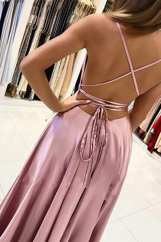 LTP0041,Spaghetti Straps Pink Satin Prom Dress, Cross Back Long Party Gown
