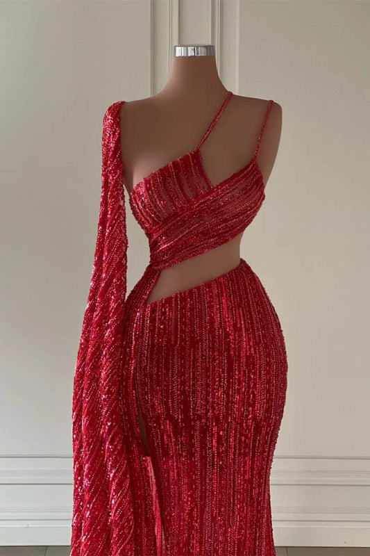 Shining Red Asymmetric Sleeveless Mermaid Prom Dress Split with Beading