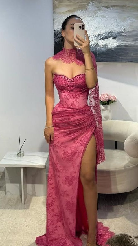 Pink A Line Sweetheart Neck Beaded Lace Prom Dress Evening Dress With Slit,AST2306