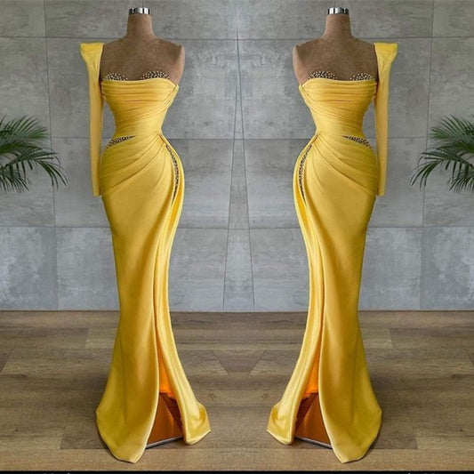 Asymmetrical Yellow Prom Dress With Beading | Liymcdress