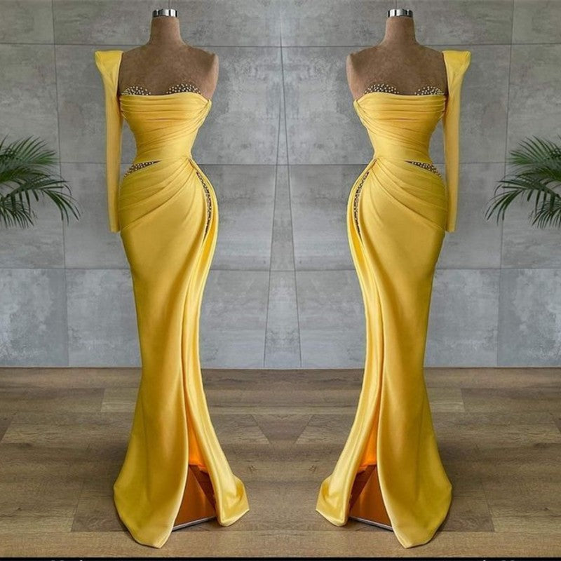 Yellow Asymmetrical Prom Dress with Beads - liymcdress
