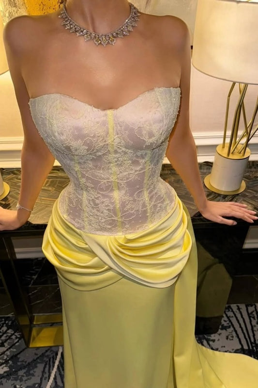 Gorgeous Yellow Strapless Sweetheart Mermaid Applique Prom Dress - liymcdress