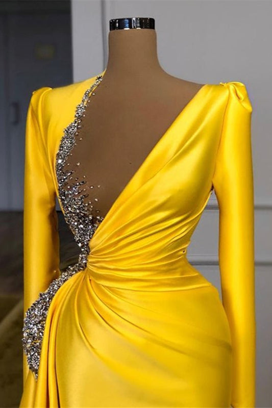 Long Sleeves Yellow Prom Dress With Beads Sequins | Liymcdress