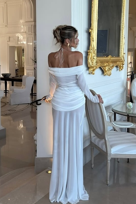 Chic White Halter Pleated Mermaid Prom Dress with Long Sleeves - liymcdress