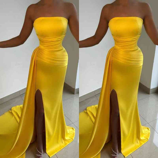 Light Yellow Prom Dress Strapless Sleeveless with Pleated Split ED0587