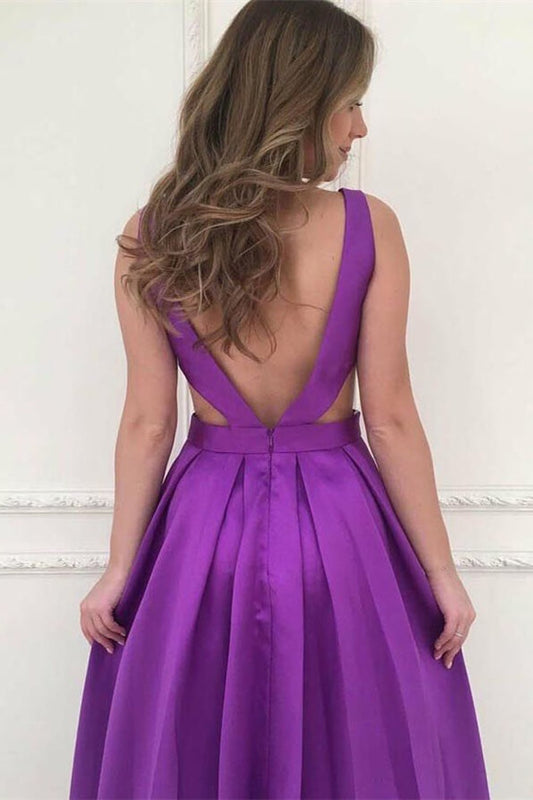 Purple V Neck Sleeveless A-Line Prom Dress with Pockets - liymcdress
