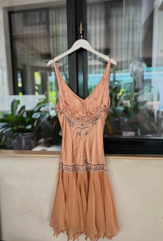 Vintage A Line Spaghetti Straps Beaded Chiffon Satin Short Prom Dress Homecoming Dress SH4943