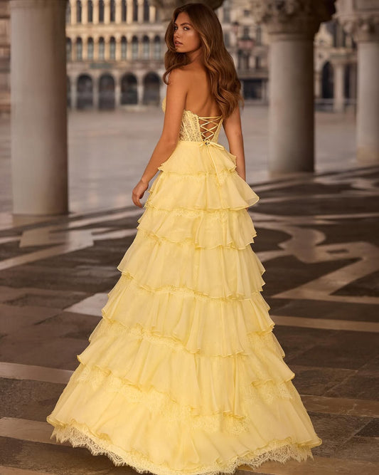 Yellow StraplessV-Neck A-Line Prom Dress Split with Pleated - liymcdress