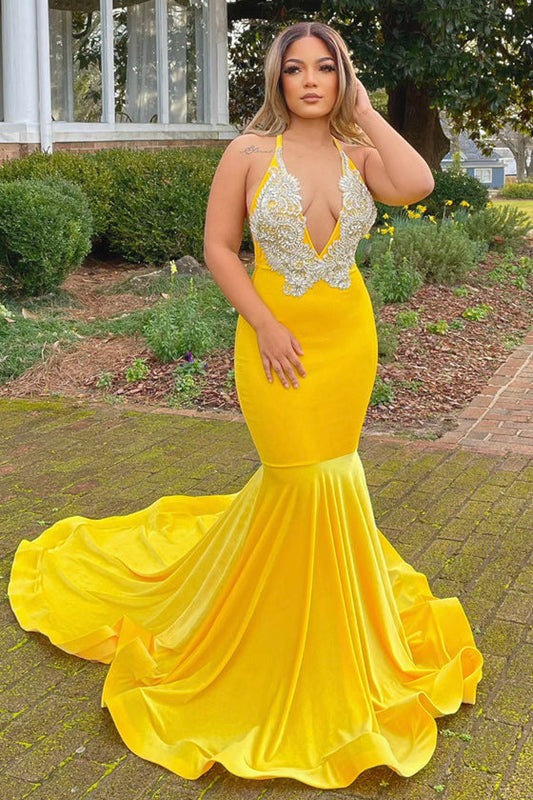 Yellow Halter V-Neck Mermaid Prom Dress with Applique - liymcdress