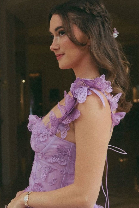 Purple Butterflies Appliques Square Tulle Prom Dress Long A-Line sleeveless QL0014