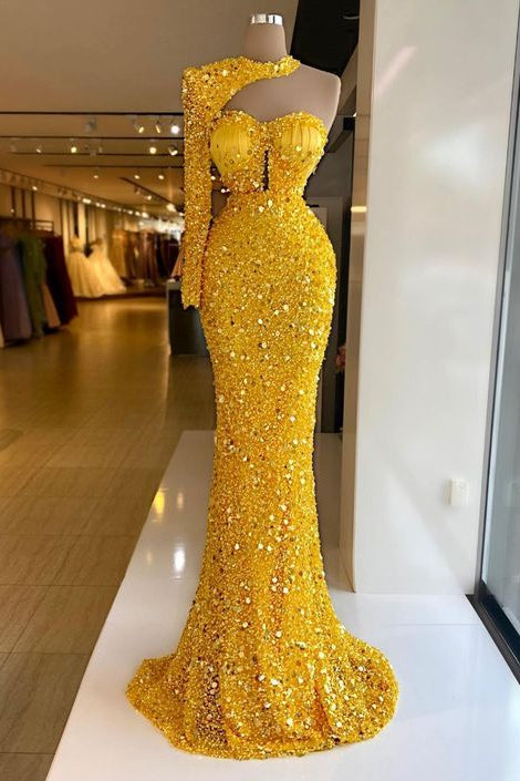 Yellow Halter One Shoulder Long Sleeve Mermaid Prom Dress with Sequins - liymcdress