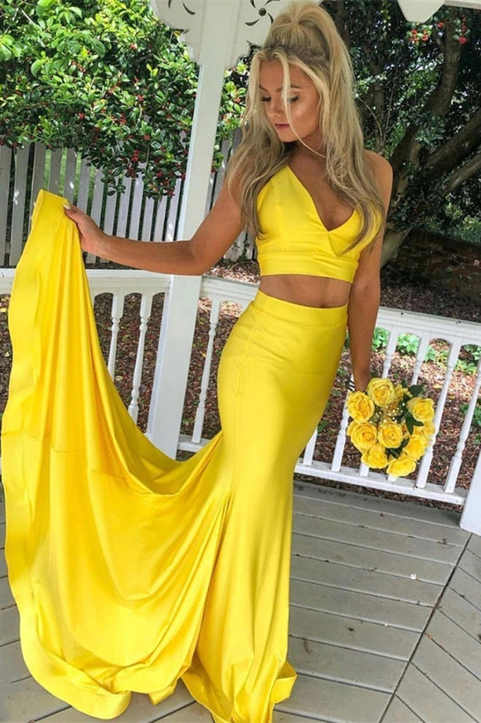Two Pieces Yellow V Neck Mermaid Prom Dress - liymcdress