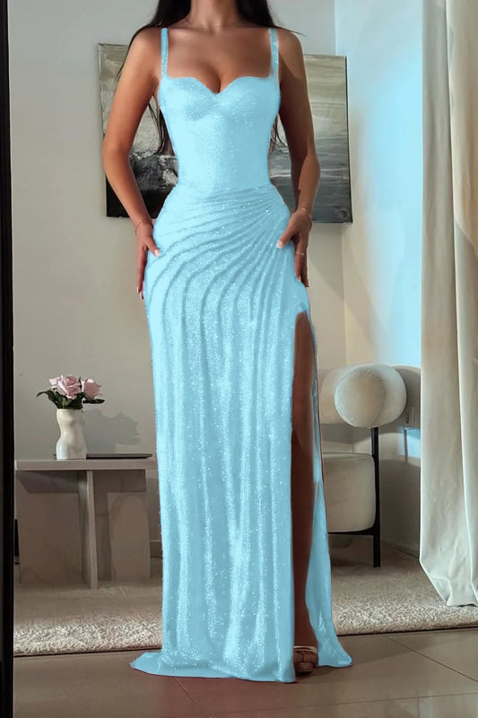 Berry Red Sweetheart Spaghetti Strap Split Mermaid Prom Dress with Sequins - liymcdress