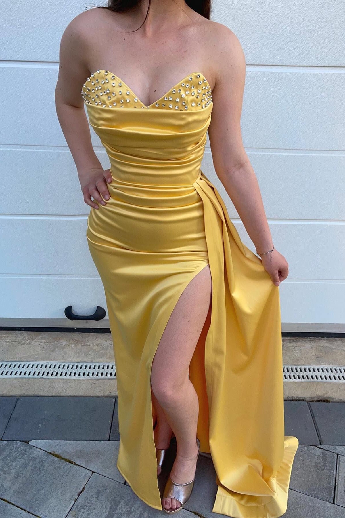 Yellow Beaded V Neck Mermaid Prom Dress Split with Ruffles - liymcdress