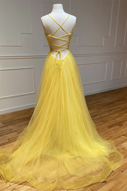 Yellow Spaghetti-Straps V Neck Prom Dress String Back - liymcdress