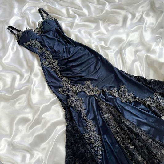 Vintage Navy Blue Mermaid Prom Dress Designers Evening Gowns