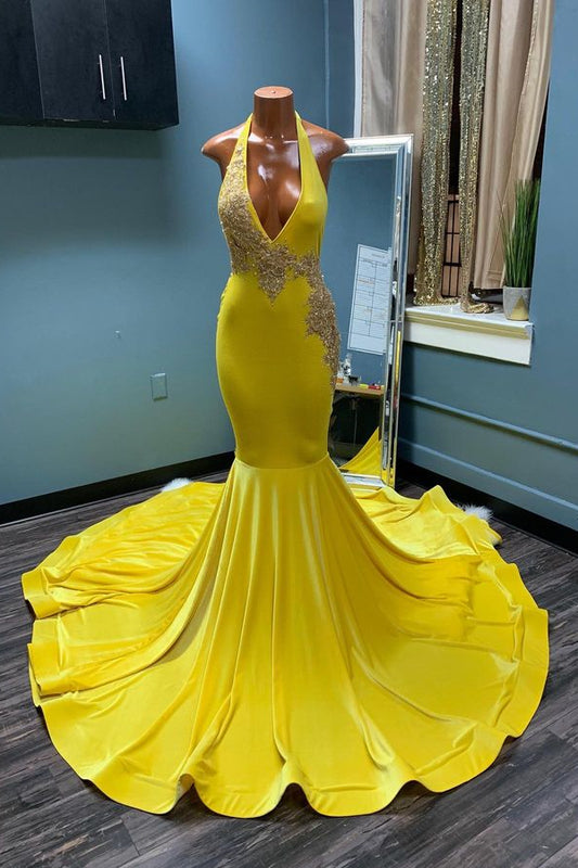 Yellow Halter Deep V-Neck Sleeveless Mermaid Prom Dress with Applique