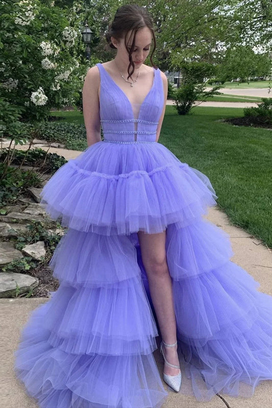 A-Line V-Neck Tulle Tiered High Low Prom Dress