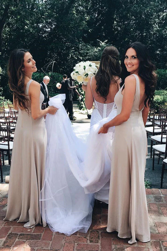 A-line Floor Length V-Neck Beige Chiffon Bridesmaid Dress/Formal Wear Dresses