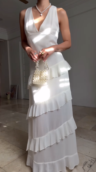 Casual V Neck Chiffon Ruffle Prom Dress Backless Long Formal Dresses