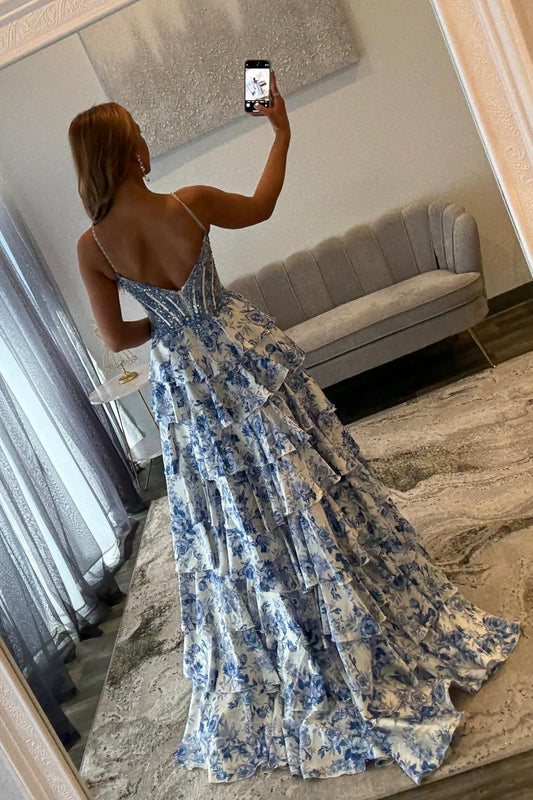 Blue Floral Spaghetti Straps Ruffle High-Slit Prom Dress with Lace Bodice