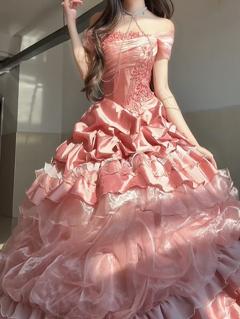 Pink Rose Ball Gown Off the Shoulder Layered Organza Satin Prom Dress Party Dress SH5024