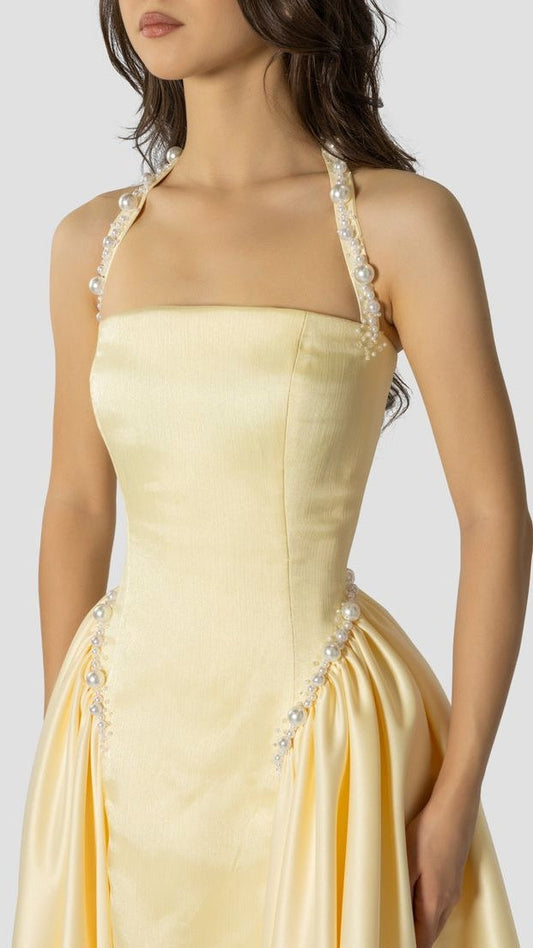Charming Yellow Pearl Evening Party Dresses A-Line Satin Prom Dress,LTP4270