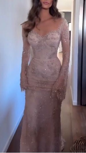 Charming Nude Lace Mermaid Prom Dresses Long Sleeves Party Dress,LTP4313