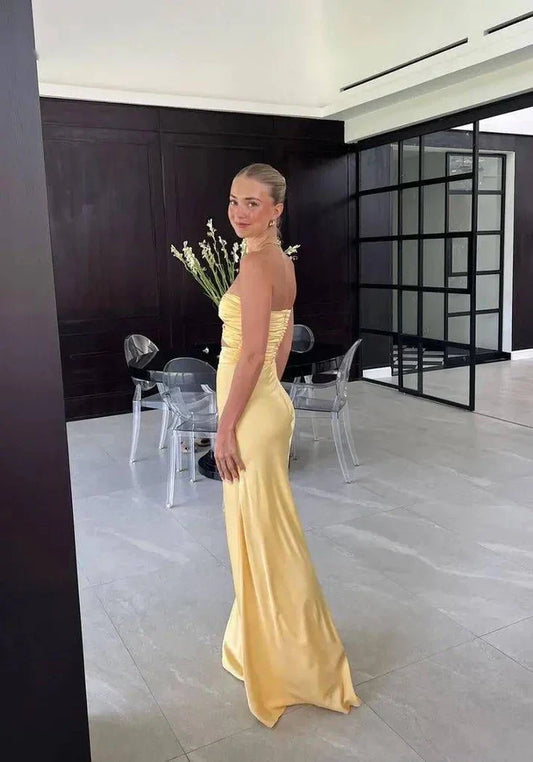 Liymcdress Charming Sheath Strapless Yellow Satin Party Evening Gown Sexy Long Prom Dress Elegant Graduation Dress