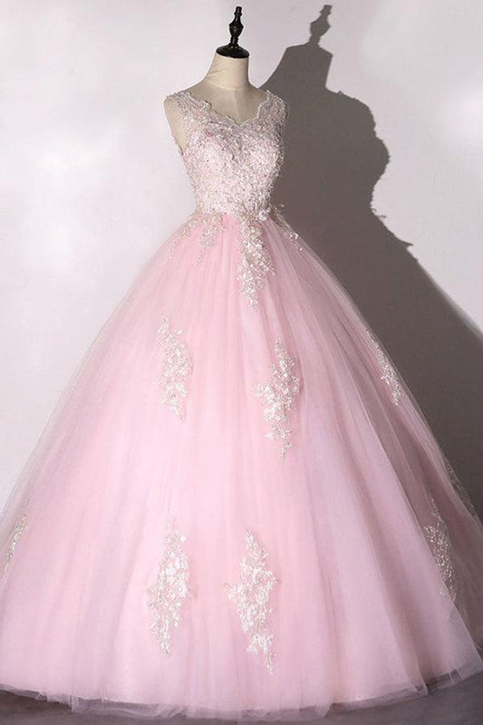 Chic Ball Gown Pink Prom Dress Tulle Applique Evening Dress PSK266