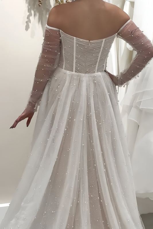 Classy White Pearl Wedding Dresses Pleated A-line Bridal Gown,LTP4242