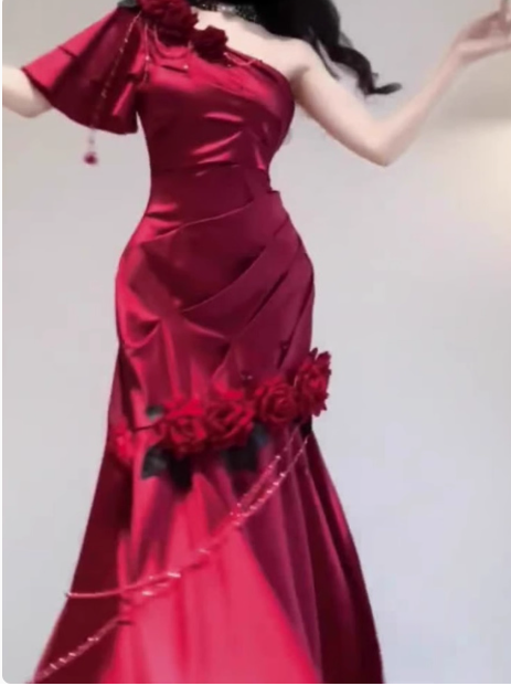 Modest Mermaid One-shoulder Long Evening Gown Burgundy Formal Dress Applique Satin Slit Prom Dress DP2798