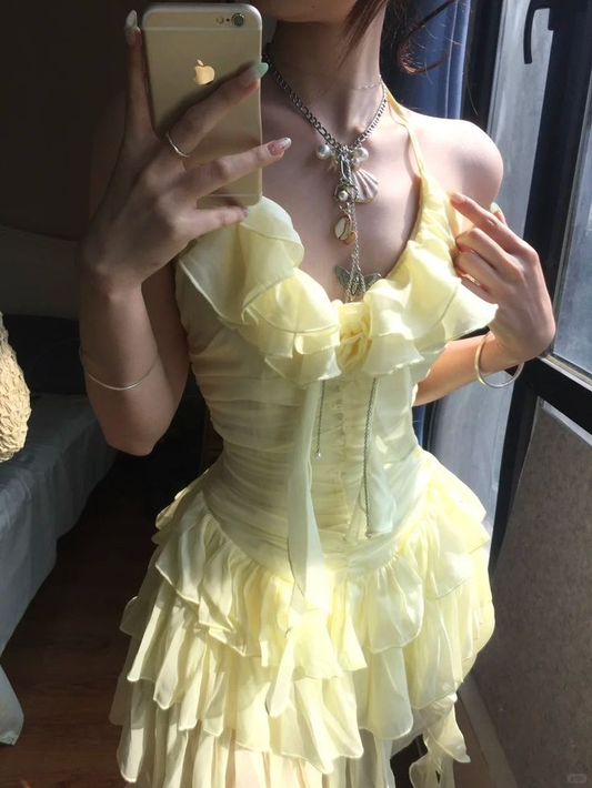 Classy Chiffon Ruffle Yellow Short 18th Birthday Dress Formal Homecoming Dress Y9078