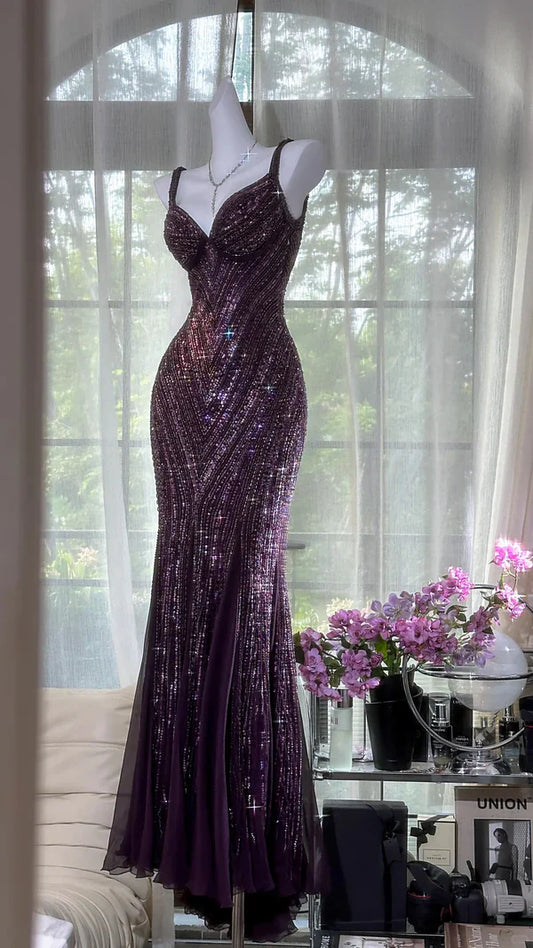 Exquisite Beaded Sequin Mermaid V Neck Chiffon Prom Dress Evening Dress Formal Dress SH3778