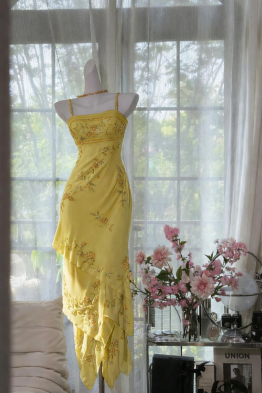 Vintage Pink Prom Dress Spaghetti Straps Sheath Long Evening Dress Beaded Chiffon Birthday Dress ED06724