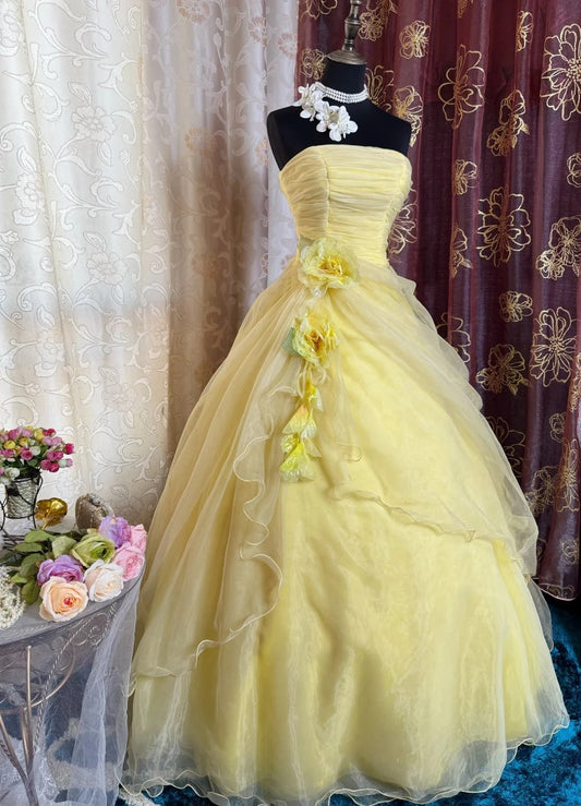 Fairy Yellow Prom Dress Strapless A-Line Long Evening Dress Tulle Appliques Sleeveless Sweet 16 Dress ED06731