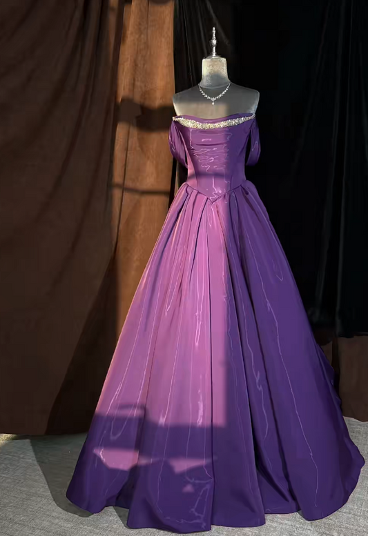 Elegant Purple Prom Dresses Strapless A-Line Long Evening Dress Beaded Satin Sleeveless Birthday Dress ED06749