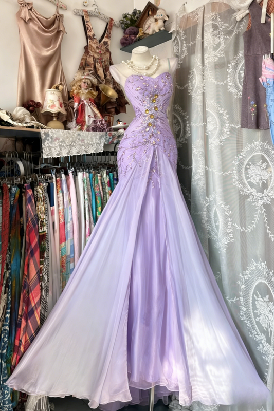 Cute Gold Prom Dress One-shoulder Sheath Evening Dress Chiffon Beaded Dress ED06811