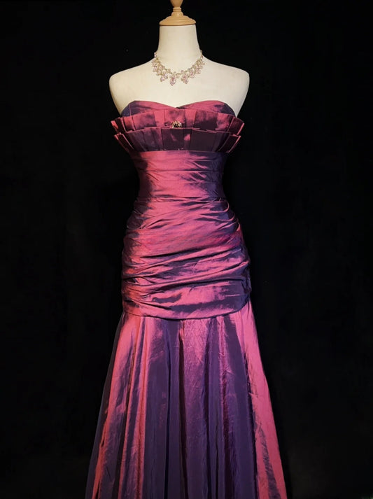 Vintage Hot Pink Prom Dress Satin Strapless Evening Dress Sheath Formal Dress ED06867