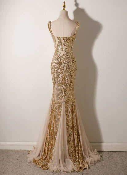 Deep V Neck Champagne Tulle Mermaid Straps Long Evening Dress