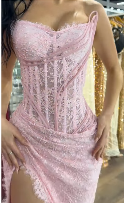 Glam Strapless Sheath Long Prom Dresses Lace Pink Evening Dresses With Slit EP05700
