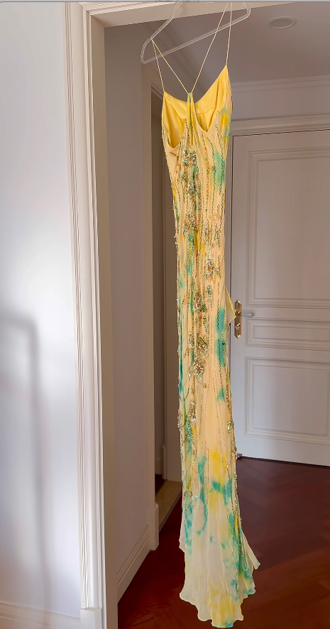 Fairy Yellow Birtdhay Dresses Sheath Spaghetti Straps Long Prom Dresses Chiffon Beaded Sleeveless Party Dresses EP06074