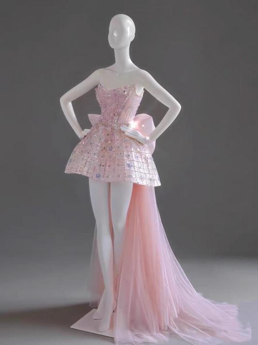 Pretty Strapless Pink Tulle Beaded Mini Birthday Dress Short Homecoming Dress With Bow Y9317