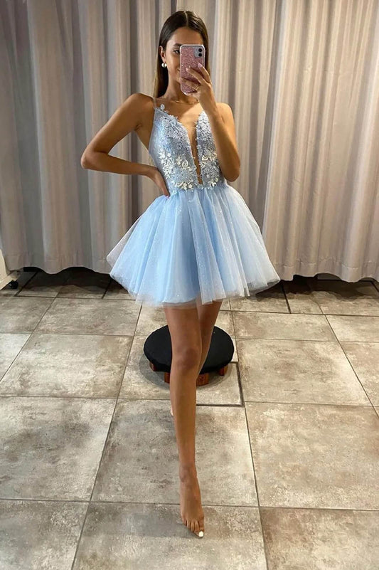 Light Blue Appliques Prom Dresses with Detachable Train,Elegant Tulle Formal Dress